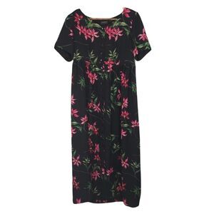 Vintage Liz Claiborne Black & Pink Floral Button Front Cottage Core Dress Small